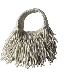 Beaded Fringe Handbag Ivory Mini Top Handle Evening Statement Bag